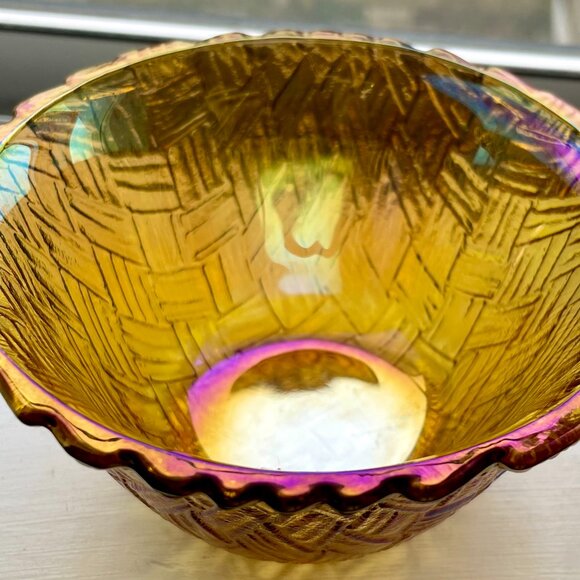 antique Indian weavetex woven basket iridescent marigold Carnival glass bowl - Picture 2 of 5